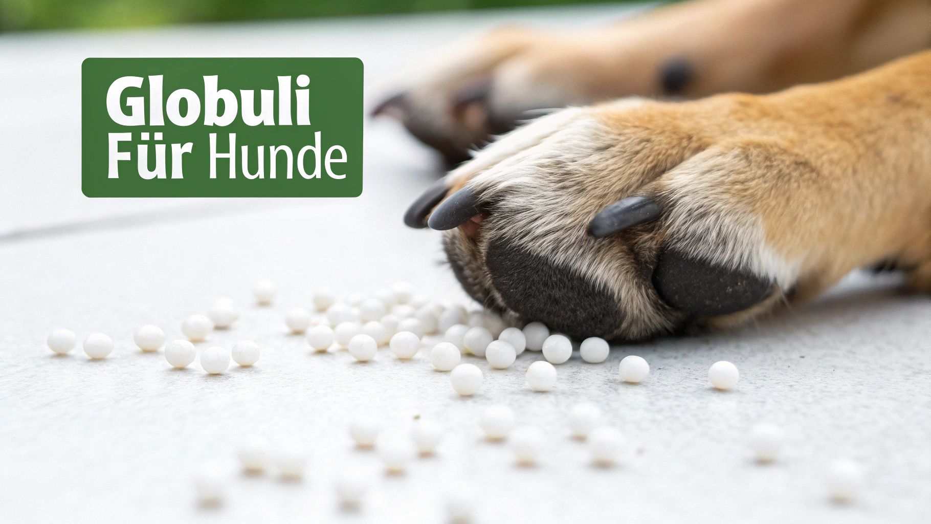 Ein Hund liegt bequem auf einer Decke, während eine Hand liebevoll eine Schale mit Globuli in seiner Nähe hält.