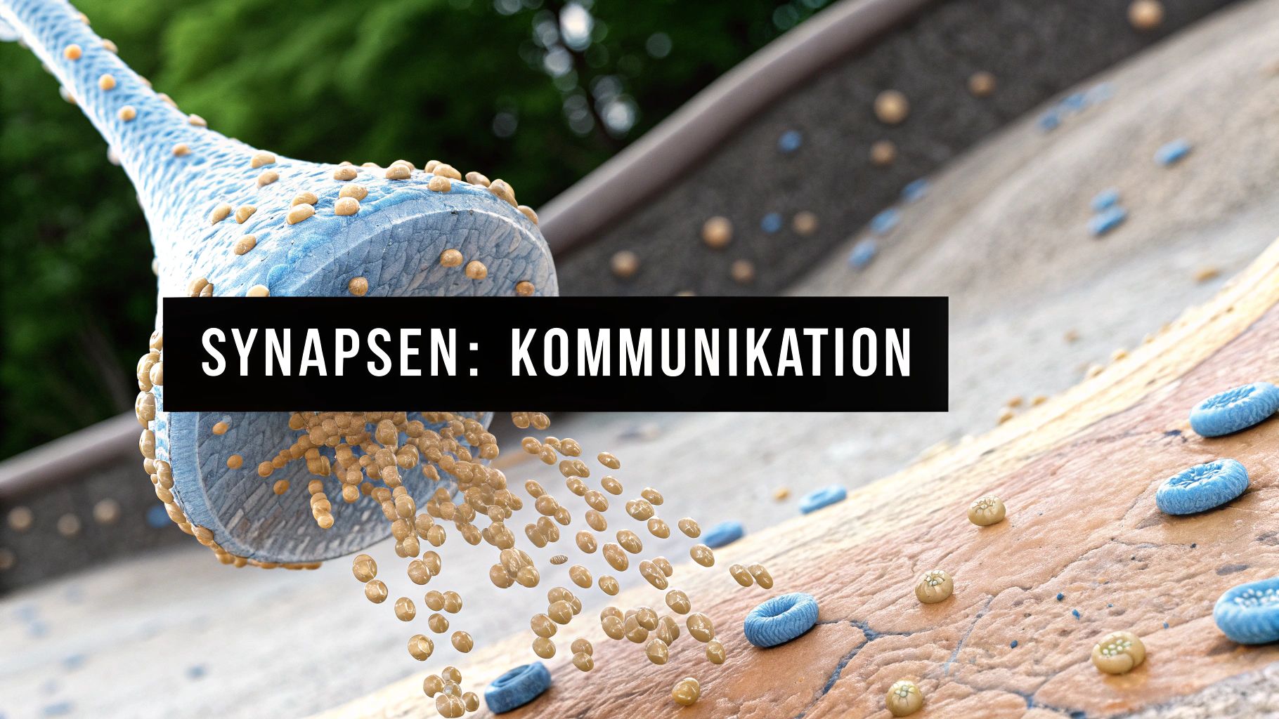 Detaillierte 3D-Darstellung einer Synapse, die Neurotransmitter zur neuralen Kommunikation freisetzt.