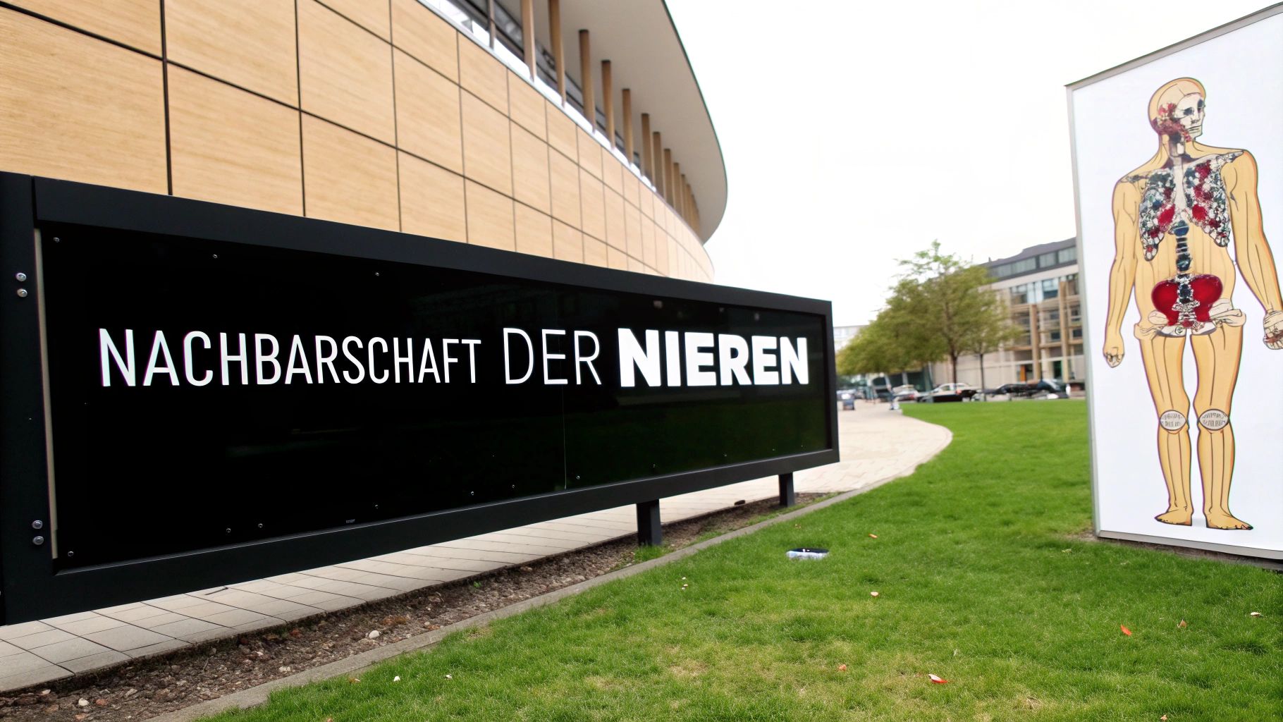 Schild mit der Aufschrift 'Nachbarschaft der Nieren' vor einem modernen Gebäude und einem menschlichen Anatomie-Diagramm.