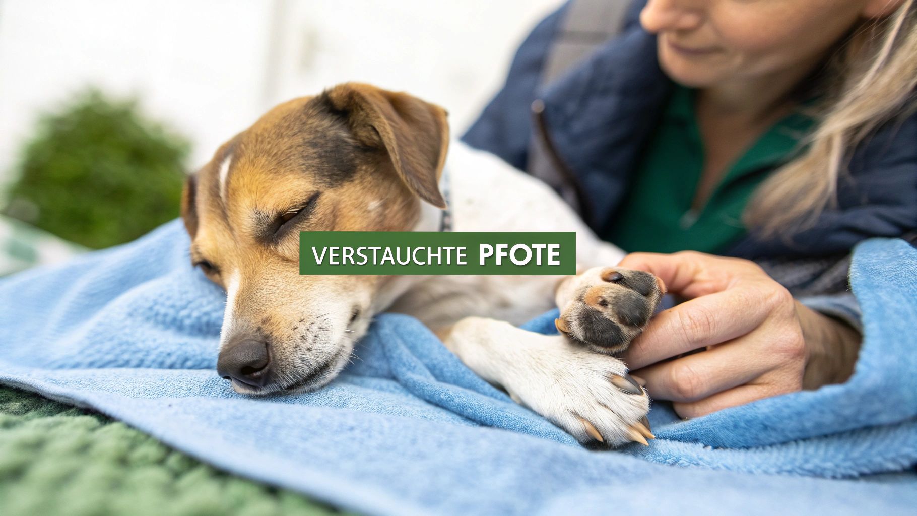 Tierärztin untersucht und behandelt die verletzte Pfote eines Hundes auf blauer Decke