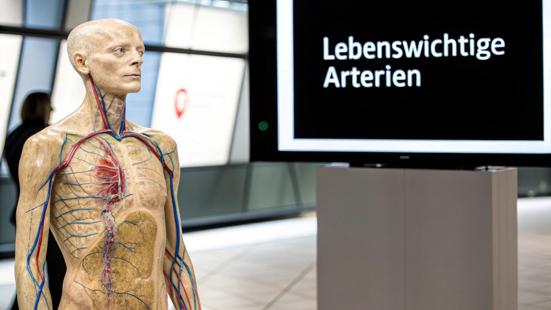 Anatomisches Modell eines menschlichen Oberkörpers mit sichtbaren Arterien und Venen, daneben Bildschirm mit der Aufschrift 'Lebenswichtige Arterien'.