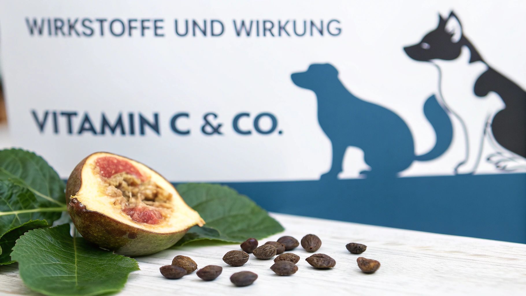Eine halbe Feige, Blätter, Samen und ein Schild mit 'Vitamin C & Co.' und Hundesilhouetten.