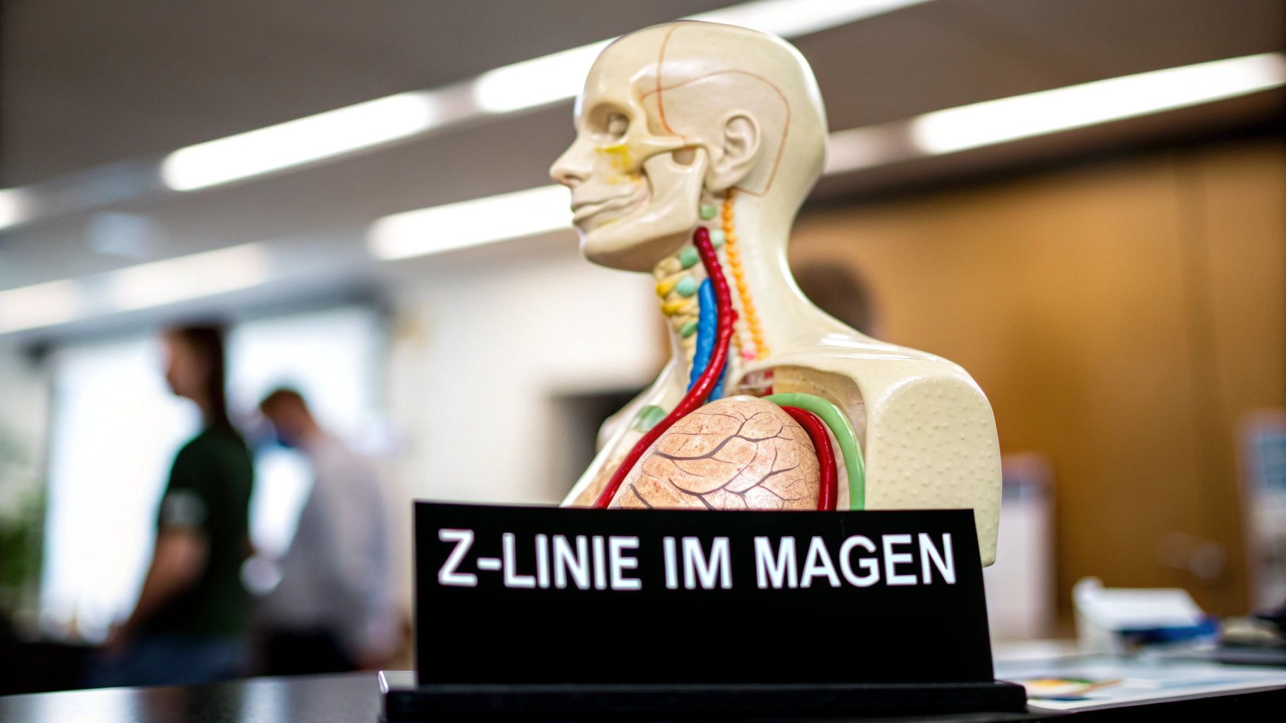 Anatomisches Modell des menschlichen Oberkörpers mit sichtbaren Organen und einem Schild „Z-LINIE IM MAGEN“.