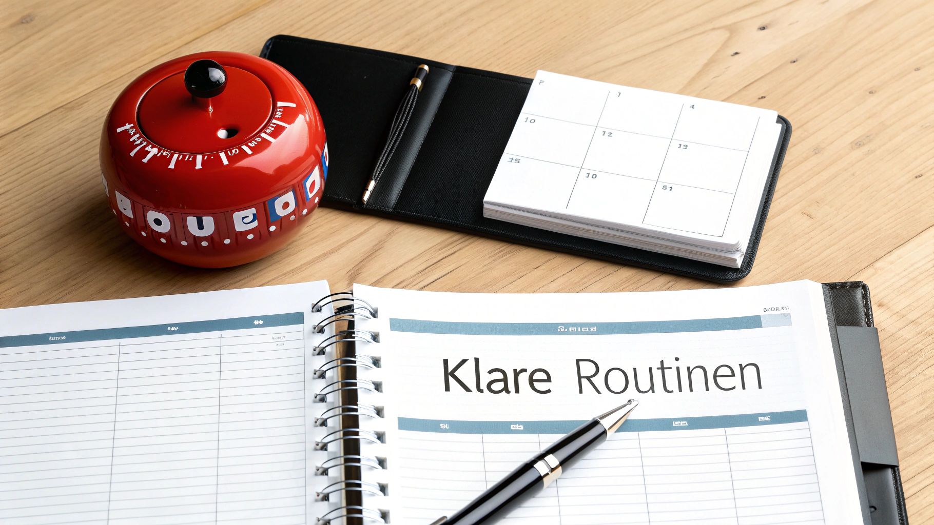 Schreibtisch mit roter Küchenuhr, Notizbuch 'Klare Routinen', Kalender und Stift zur Planung.