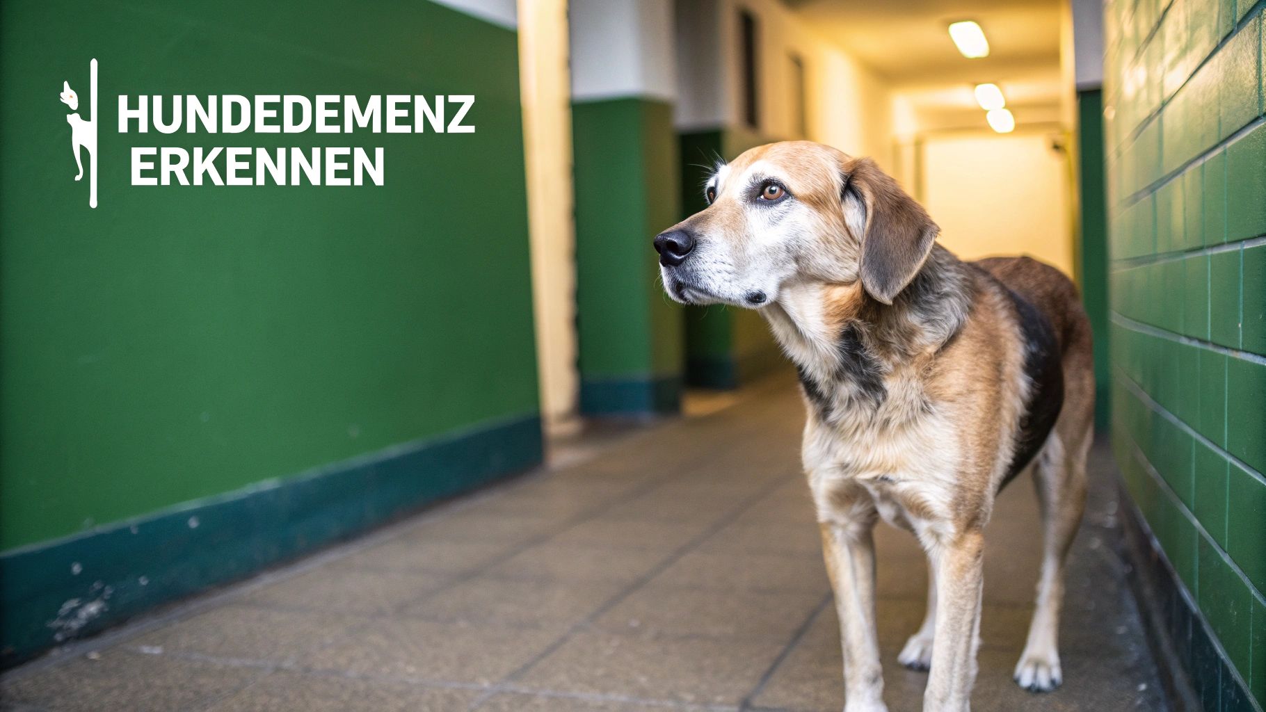 Ein alter Hund steht nachdenklich in einem Flur, daneben der Text: Hundedemenz erkennen.