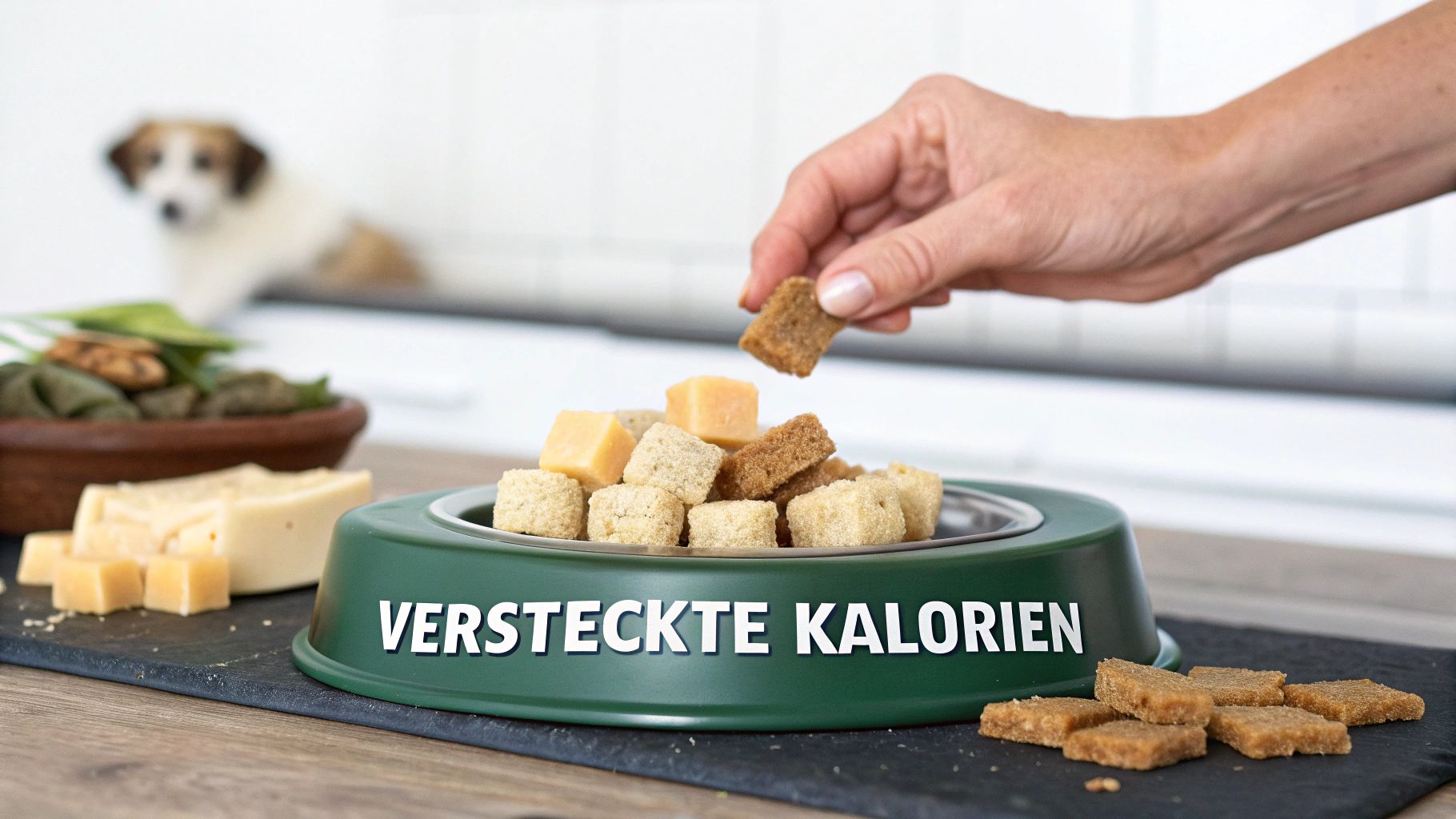 Ein Labrador schaut bettelnd am Esstisch hoch