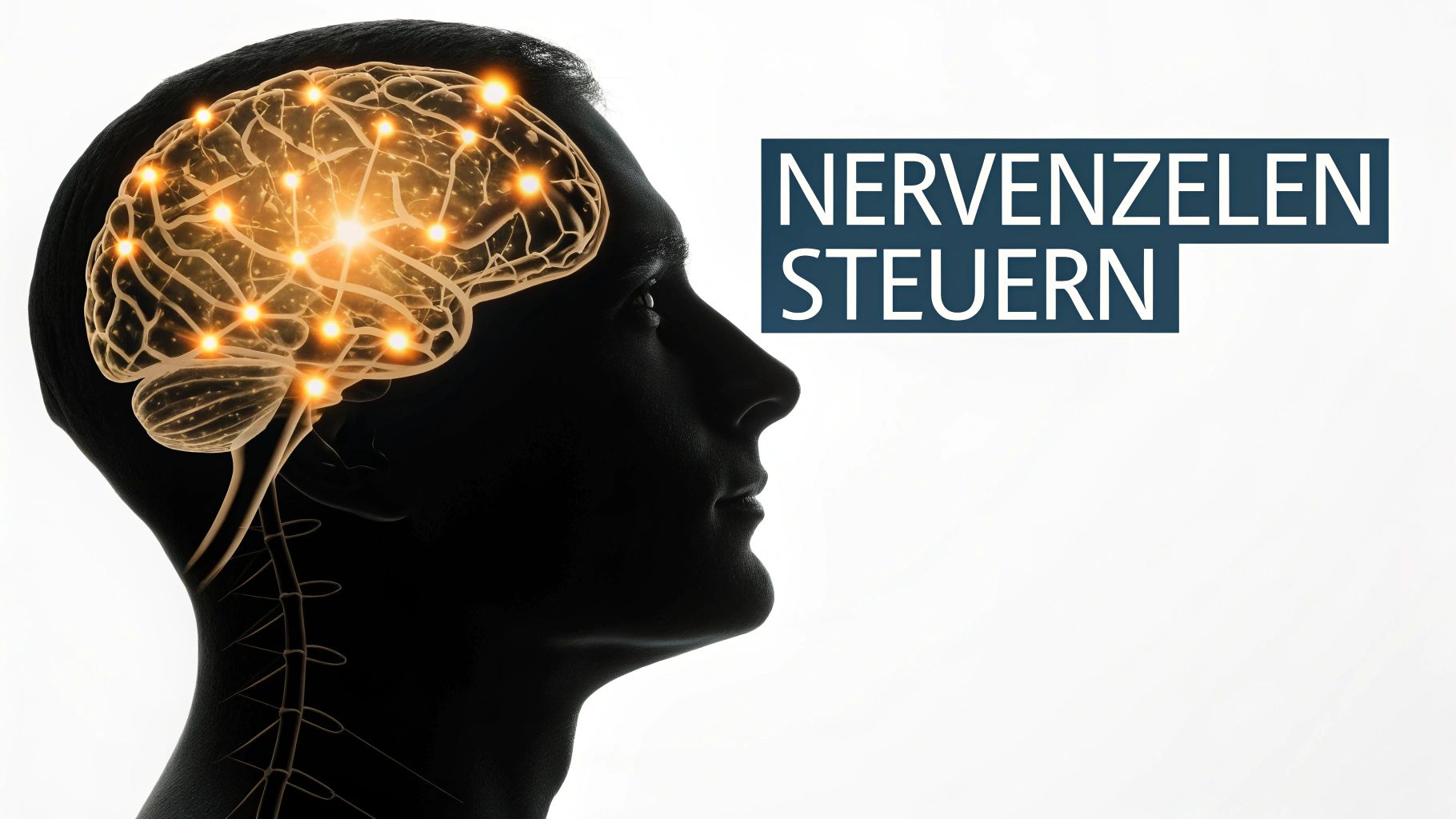 Silhouette eines Kopfes mit leuchtendem Gehirn und Nervenzellen, die Aktivität zeigen.