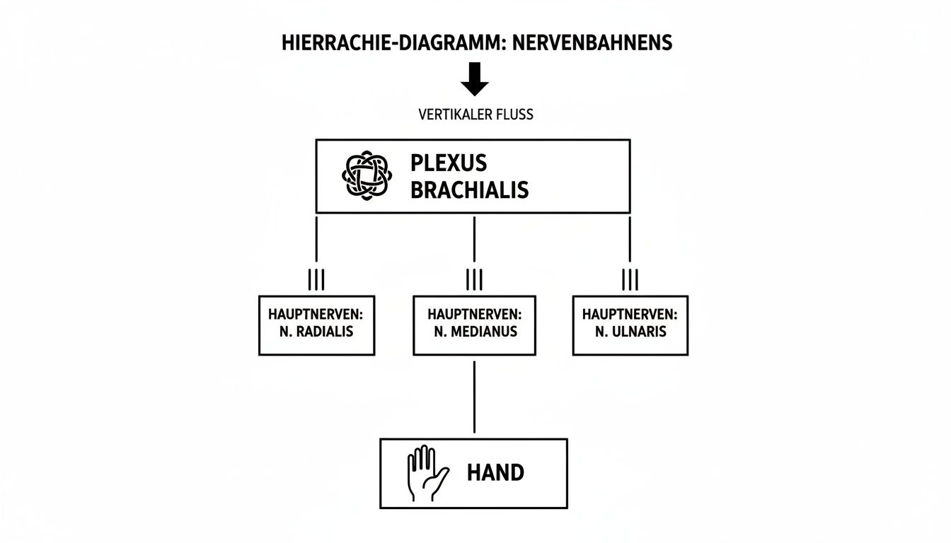 Hierarchie-Diagramm der Nervenbahnen im Arm, zeigt Plexus Brachialis und Hauptnerven zur Hand.