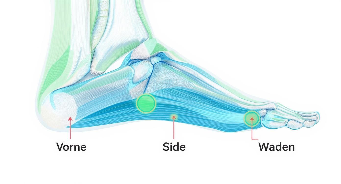 Infografik, die die extrinsischen Fußmuskeln in vordere, seitliche und hintere Gruppen unterteilt, dargestellt mit Icons für Fußhebung, Fußkippung und Wadenmuskulatur.