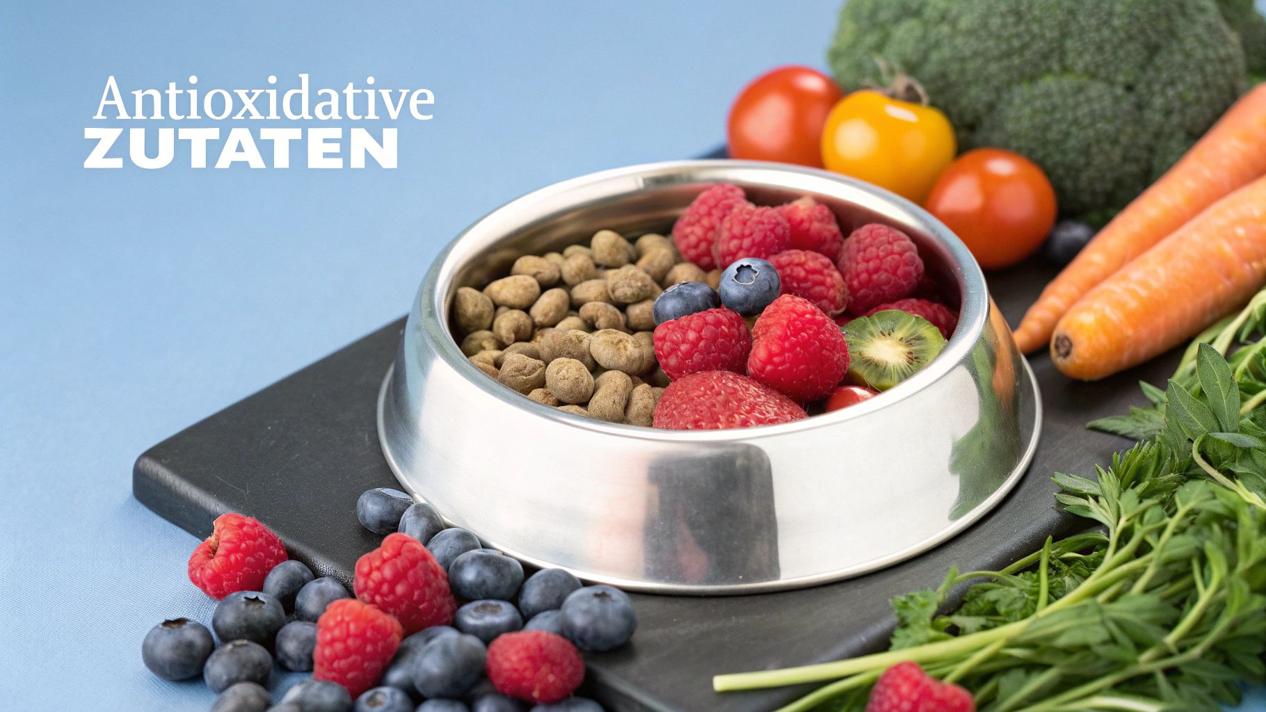 Ein Futternapf für Hunde, gefüllt mit Trockenfutter und garniert mit frischen Blaubeeren und Karottenstücken.