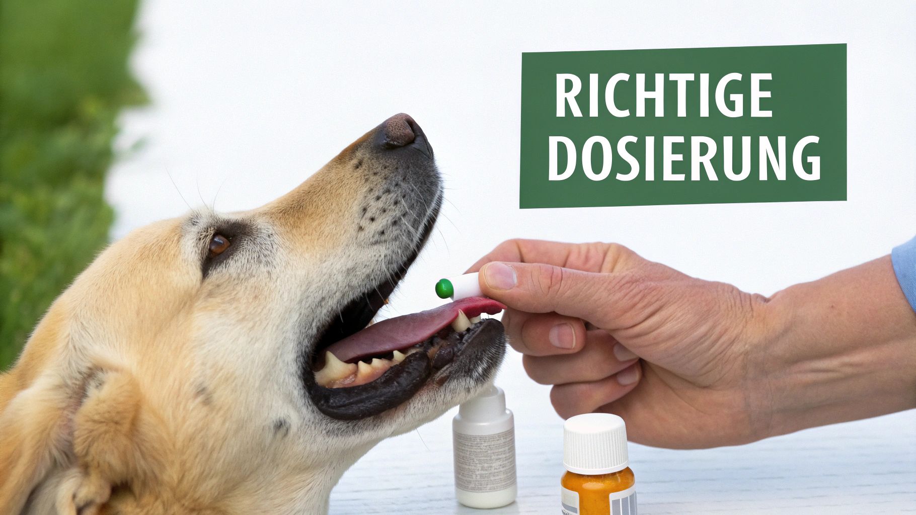 Ein Hundebesitzer gibt seinem Hund vorsichtig homöopathische Globuli.