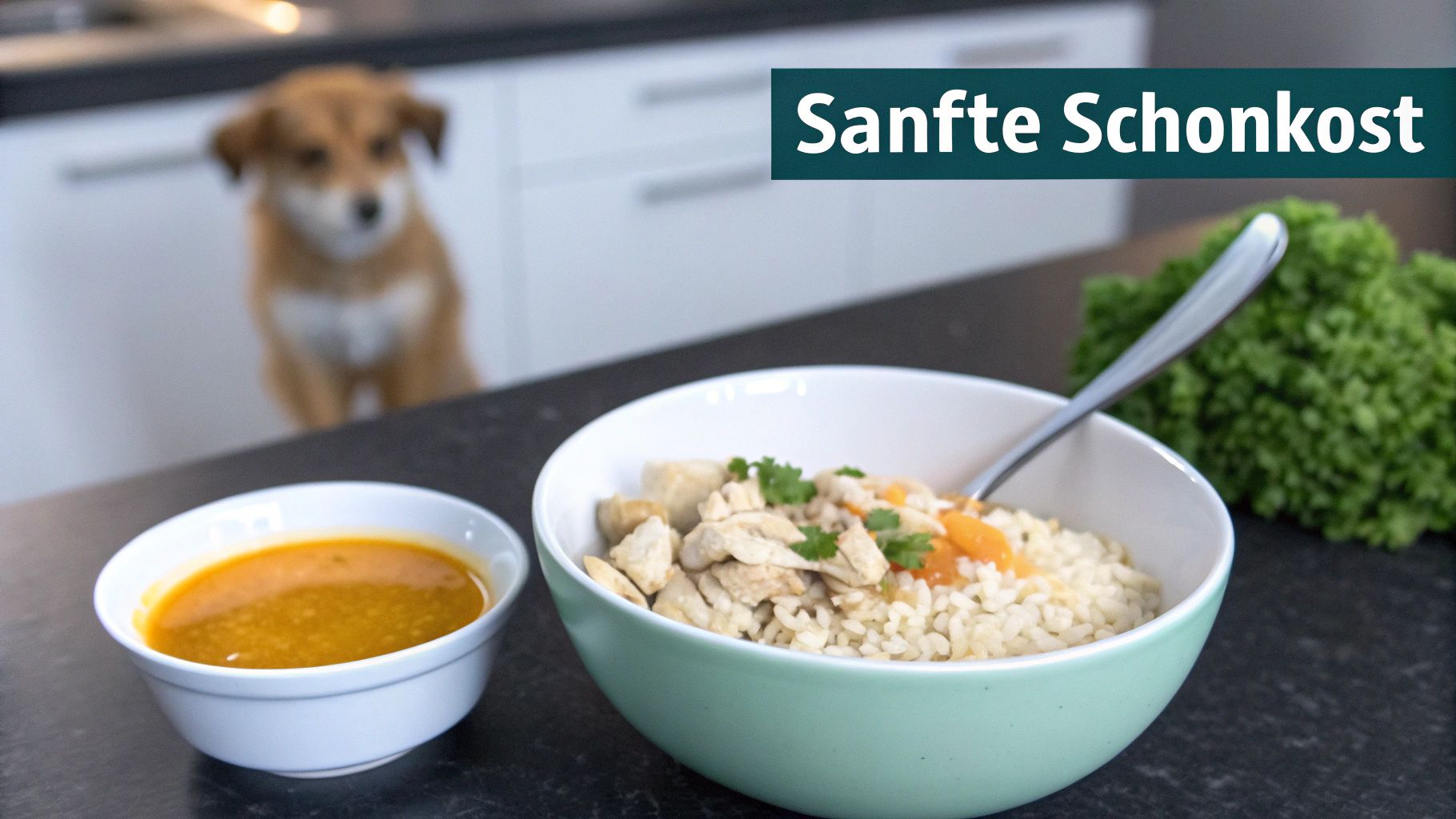 Ein süßer Hund schaut auf zwei Schüsseln mit Schonkost auf einer Küchenarbeitsplatte.