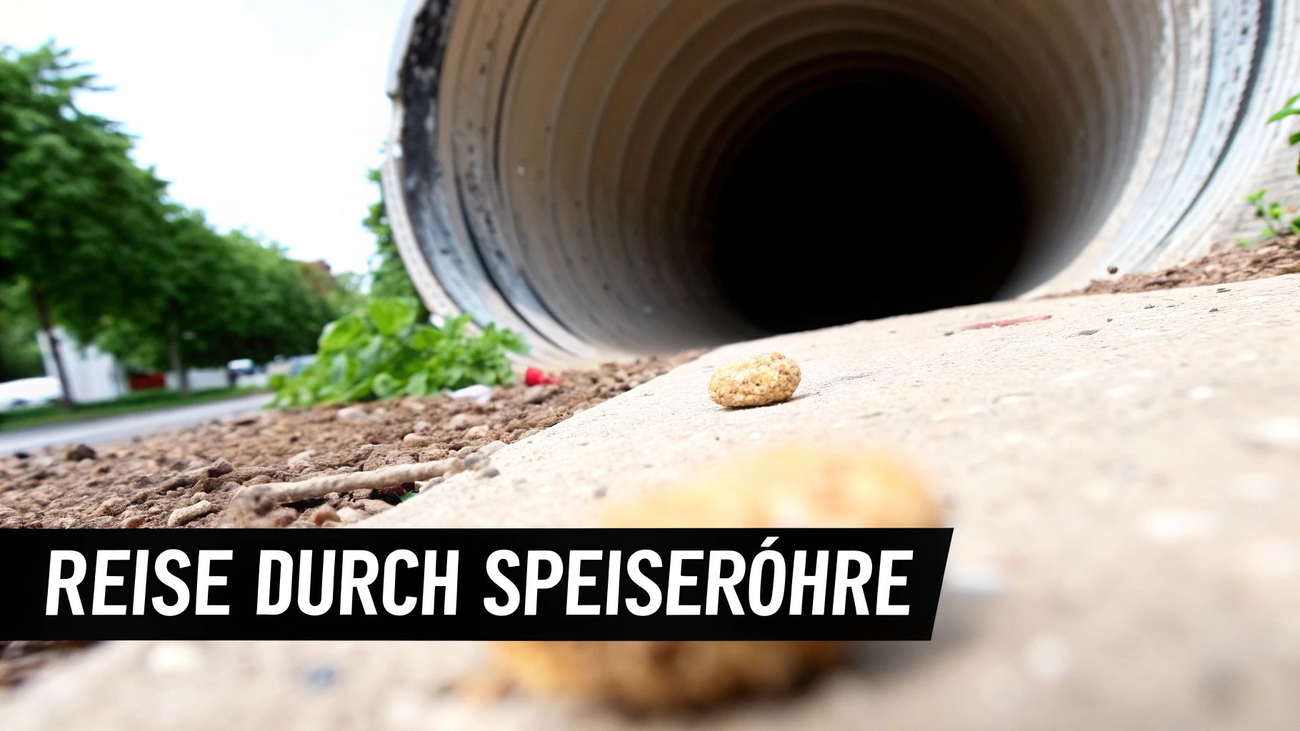 Nahaufnahme eines Rohreingangs mit Kieselstein im Vordergrund, der eine Reise durch die Speiseröhre symbolisiert.