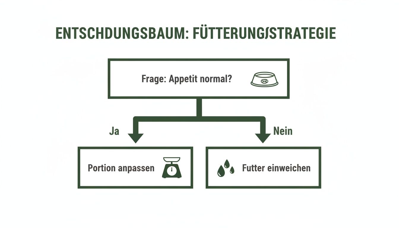Entscheidungsbaum zur Fütterungsstrategie für Hunde: Prüft, ob der Appetit normal ist, um Portionen anzupassen oder Futter einzuweichen.