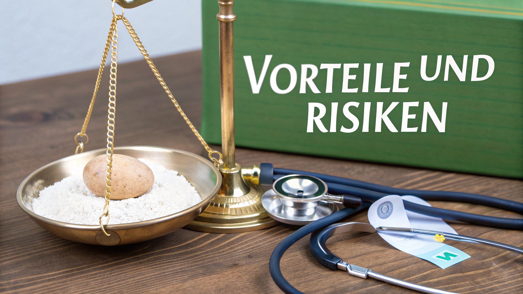 Eine Waage mit Ei und weißem Pulver, daneben ein Stethoskop und ein Schild 'Vorteile und Risiken'.