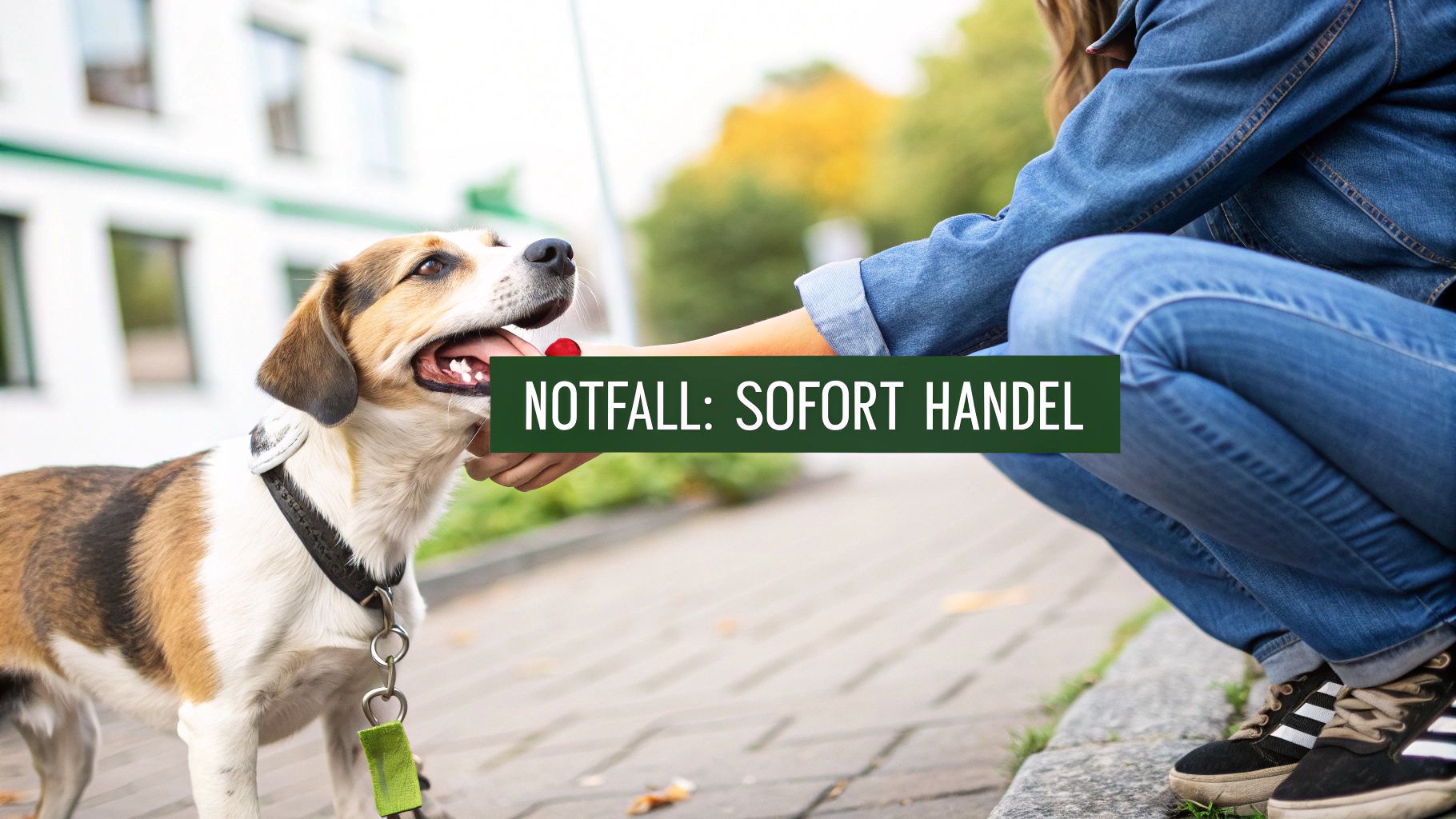 Eine Person hockt und streichelt einen glücklichen Hund an der Leine im Freien auf einem Bürgersteig.