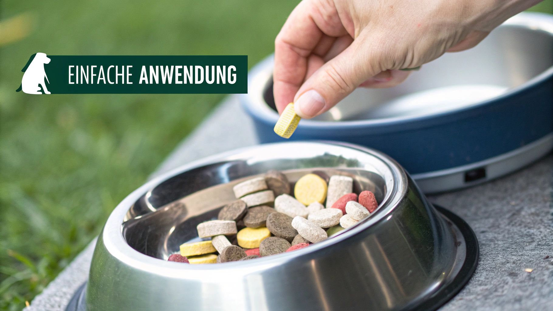 Ein nachdenklicher Hund sitzt im Gras und schaut aufmerksam zur Seite.