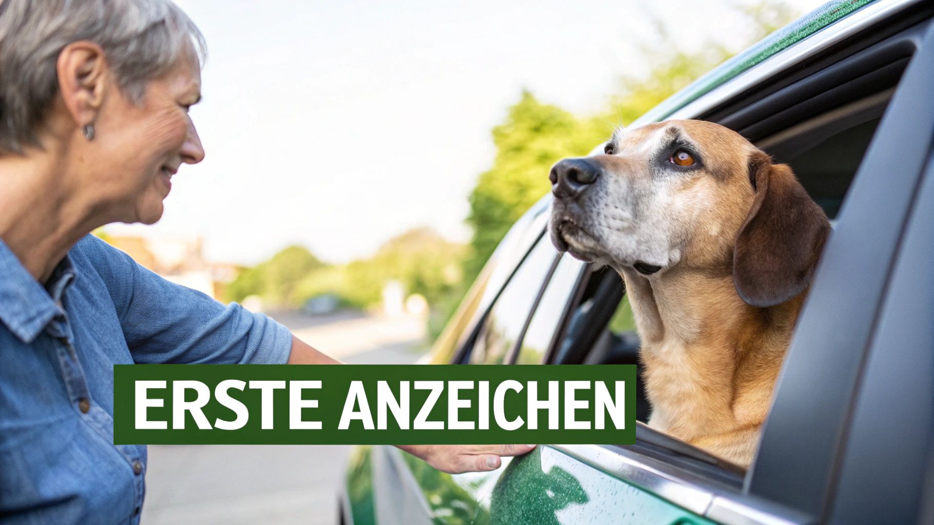 Ältere Frau lächelt einen Hund an, der aus einem Autofenster schaut, mit Text 'ERSTE ANZEICHEN'.
