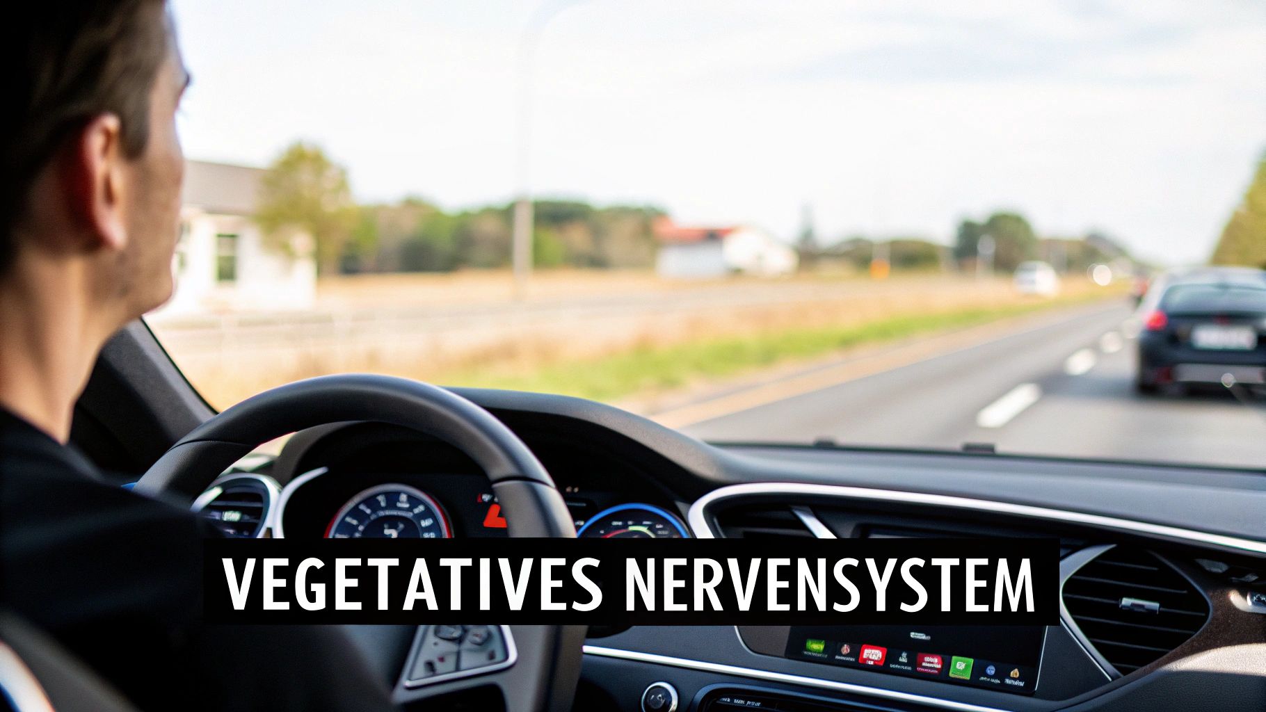 Ein Fahrer steuert ein Auto auf einer Landstraße; Lenkrad und Armaturenbrett sind sichtbar. Der Text „VEGETATIVES NERVENSYSTEM“ ist eingeblendet.