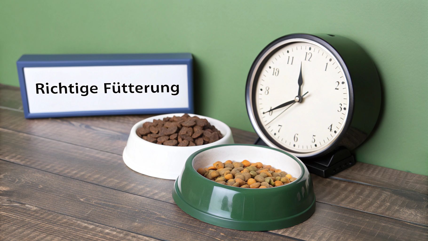 Ein Hund wartet geduldig vor seinem Futternapf in einer ruhigen Küche.