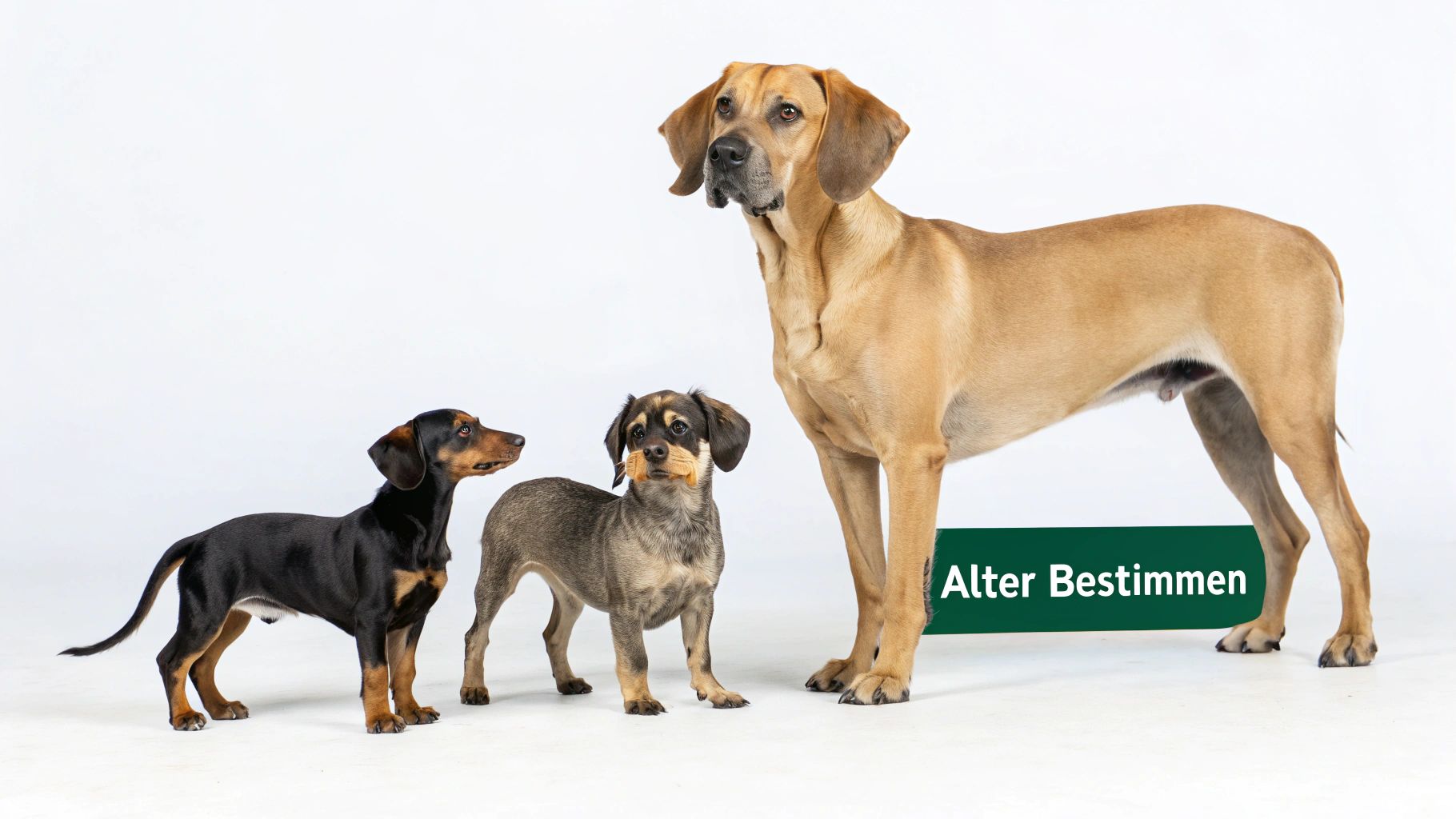 Ein Dackel, ein Mischling und eine Dogge auf weißem Hintergrund mit einem Banner 'Alter Bestimmen'.