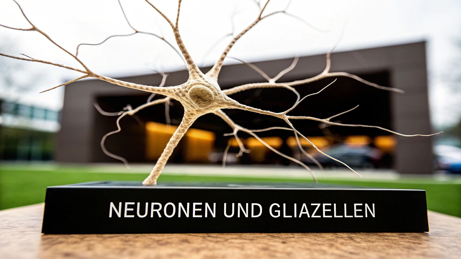 Eine mikroskopische Nahaufnahme, die Neuronen und umgebende Gliazellen zeigt, um ihre enge räumliche Beziehung darzustellen.
