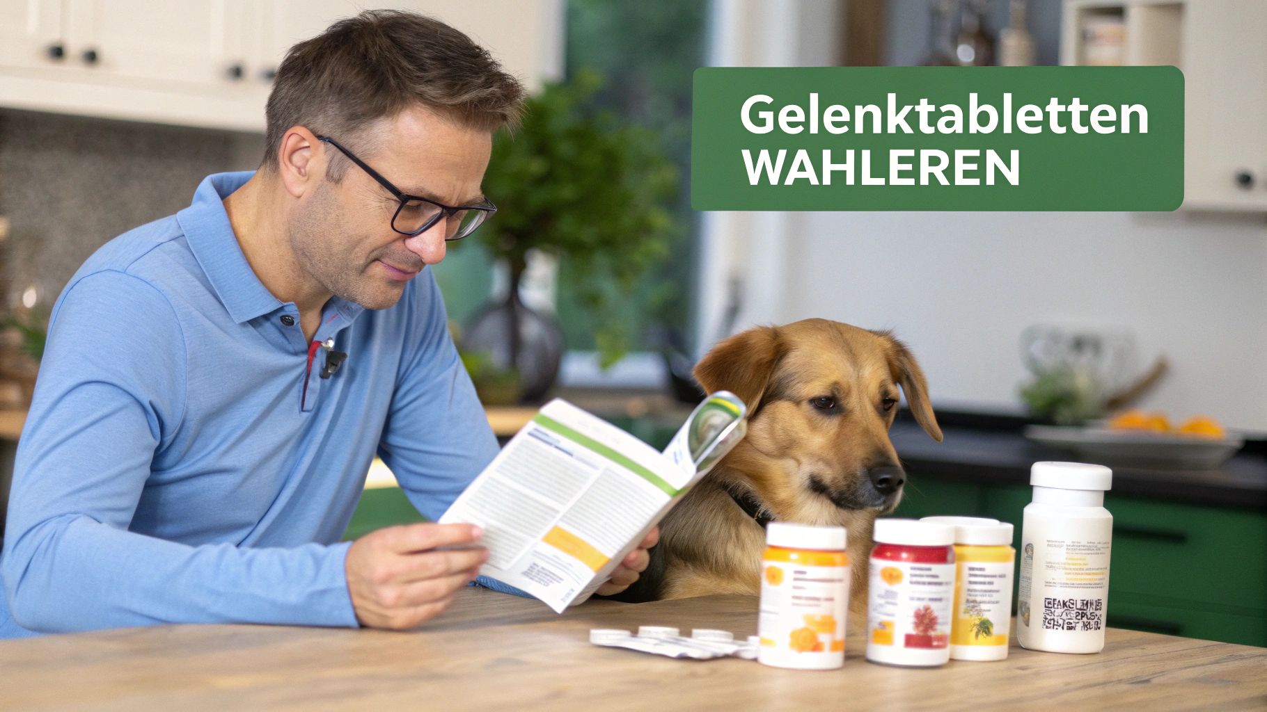 Ein Mann liest ein Heft über Gelenktabletten, neben einem Hund und Nahrungsergänzungsmitteln auf dem Tisch.