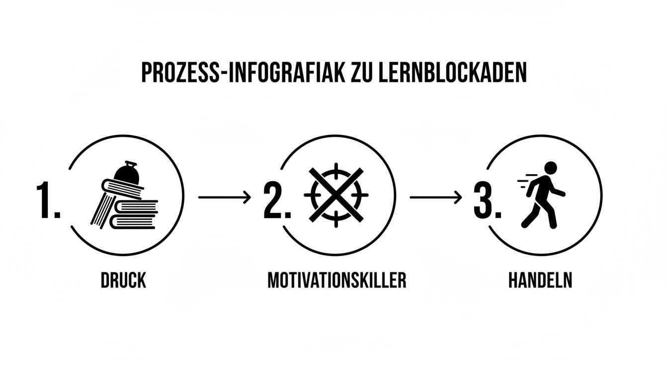 Infografik zum Prozess von Lernblockaden: Druck, Motivationskiller und Handeln als Schritte dargestellt.
