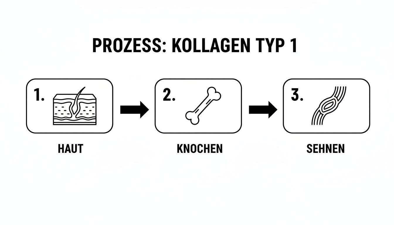 Dieses Diagramm zeigt den Prozess von Kollagen Typ 1 in Haut, Knochen und Sehnen.