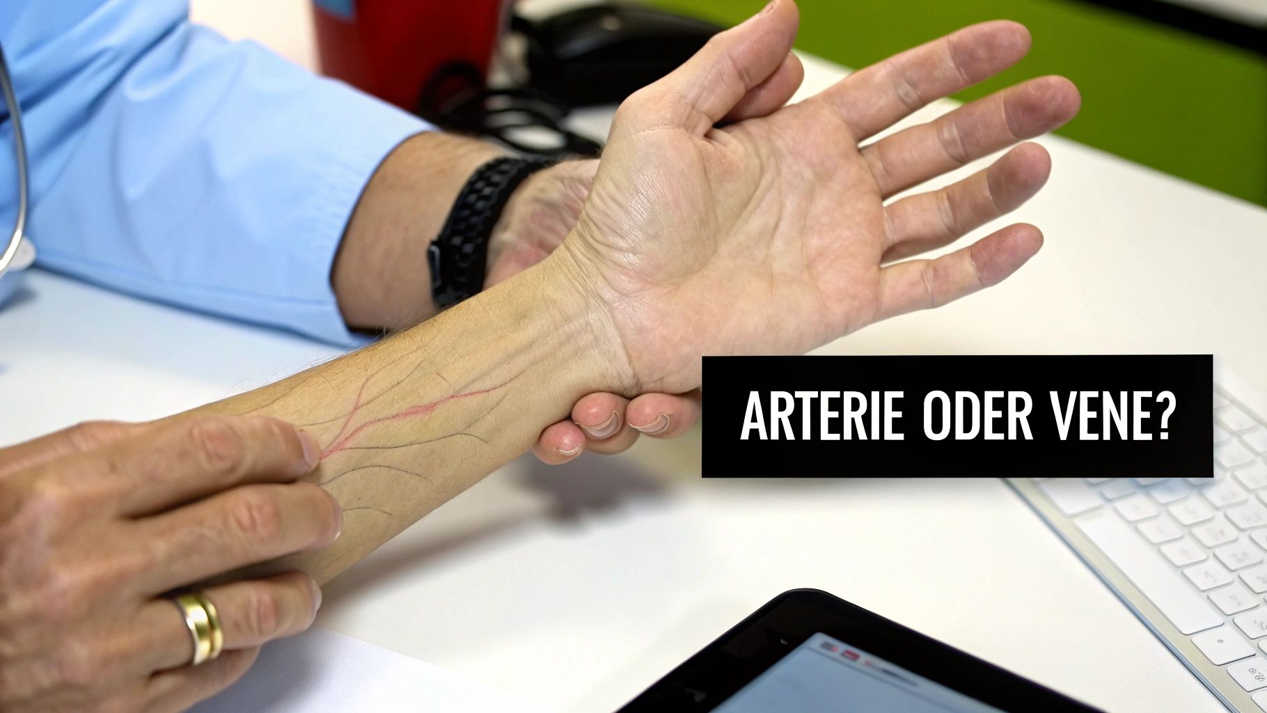 Eine Person tastet den Puls an ihrem Handgelenk ab, um den Unterschied zwischen Venen und Arterien zu spüren.