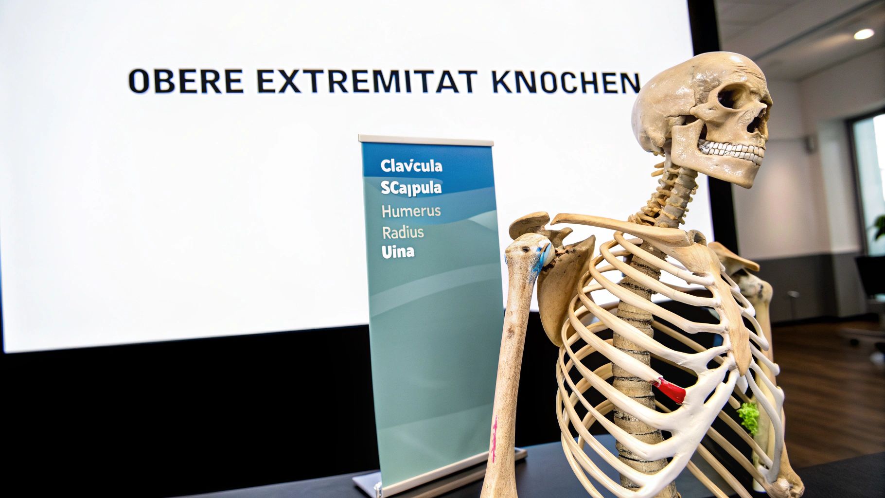 Ein menschliches Skelettmodell steht neben einer Tafel mit der Aufschrift „OBERE EXTREMITÄT KNOCHEN“ und Knochennamen.