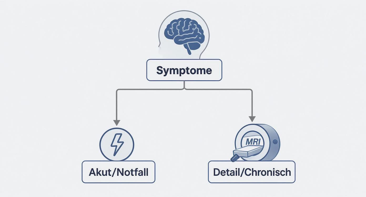 Flussdiagramm zeigt Entscheidungsfindung bei Hirnsymptomen: Akut/Notfall (Blitz) oder Detail/Chronisch (MRT).