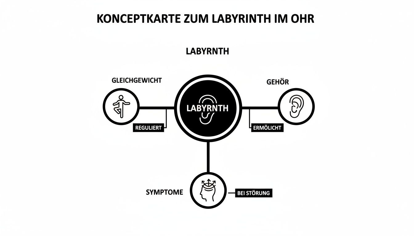 Konzeptkarte zum Labyrinth im Ohr, die seine Funktionen für Gleichgewicht und Gehör sowie Symptome bei Störung zeigt.