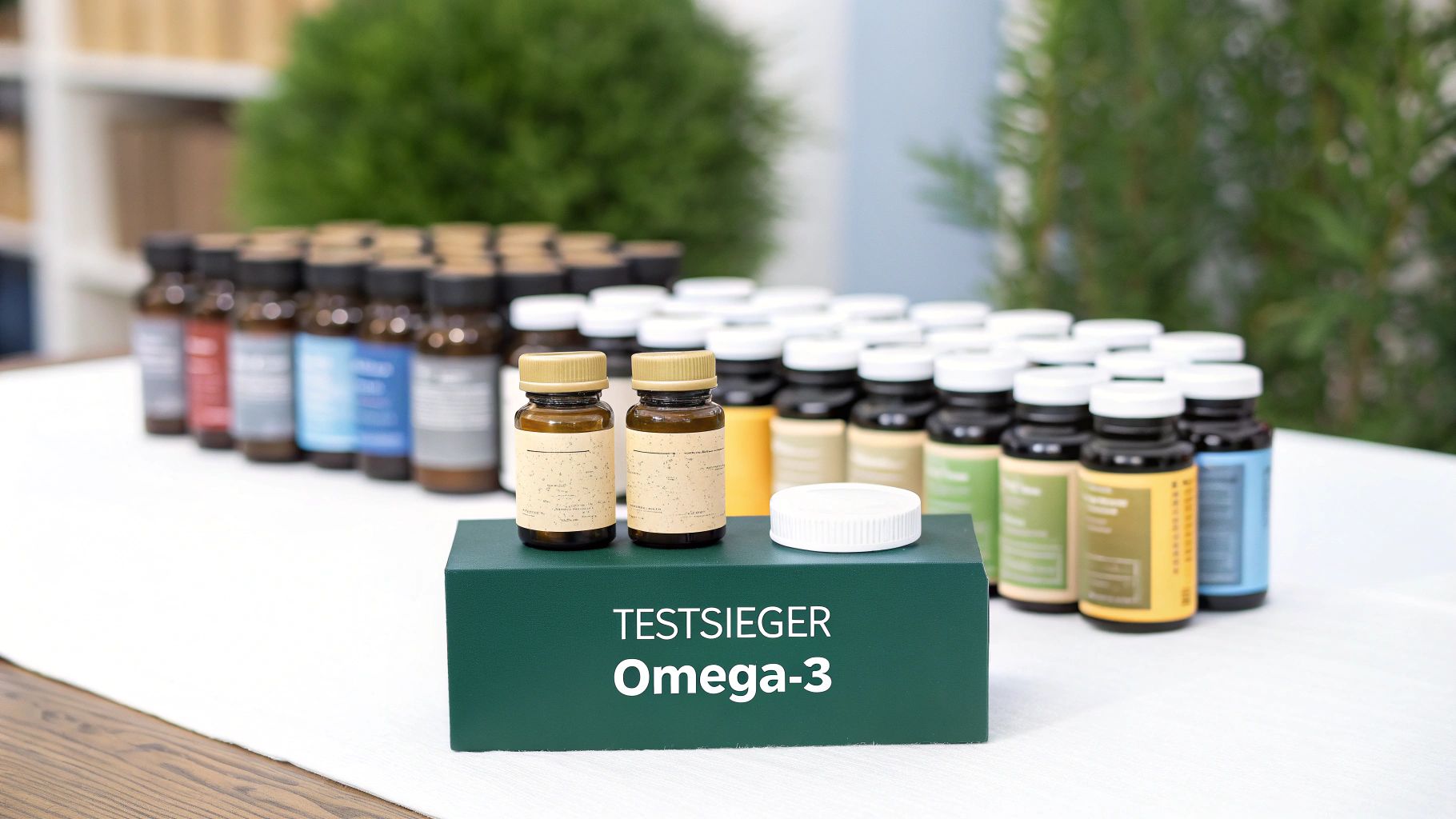 Ein goldener Pokal steht neben einer Flasche Omega-3-Öl und Hundeleckerlis, um den Testsieger zu symbolisieren.