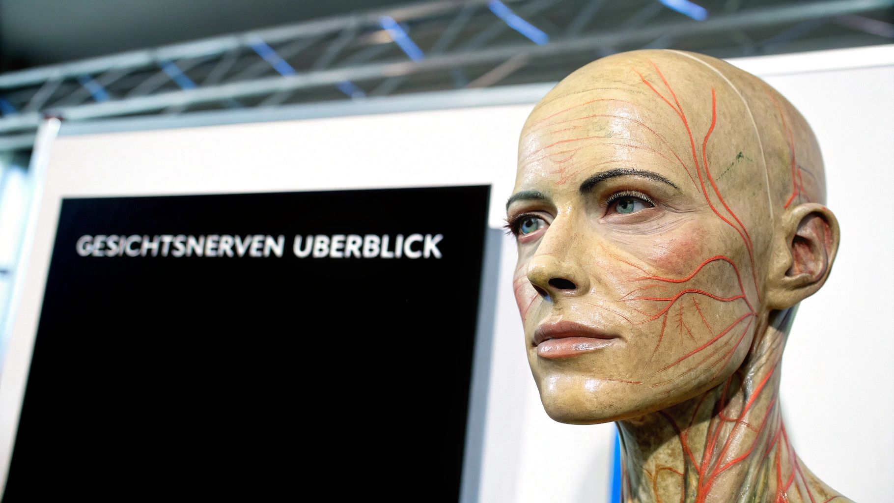 Anatomisches Modell eines Gesichts mit sichtbaren Nerven und Blutgefäßen, neben einem Schild mit der Aufschrift „Gesichtsnerven Überblick“.