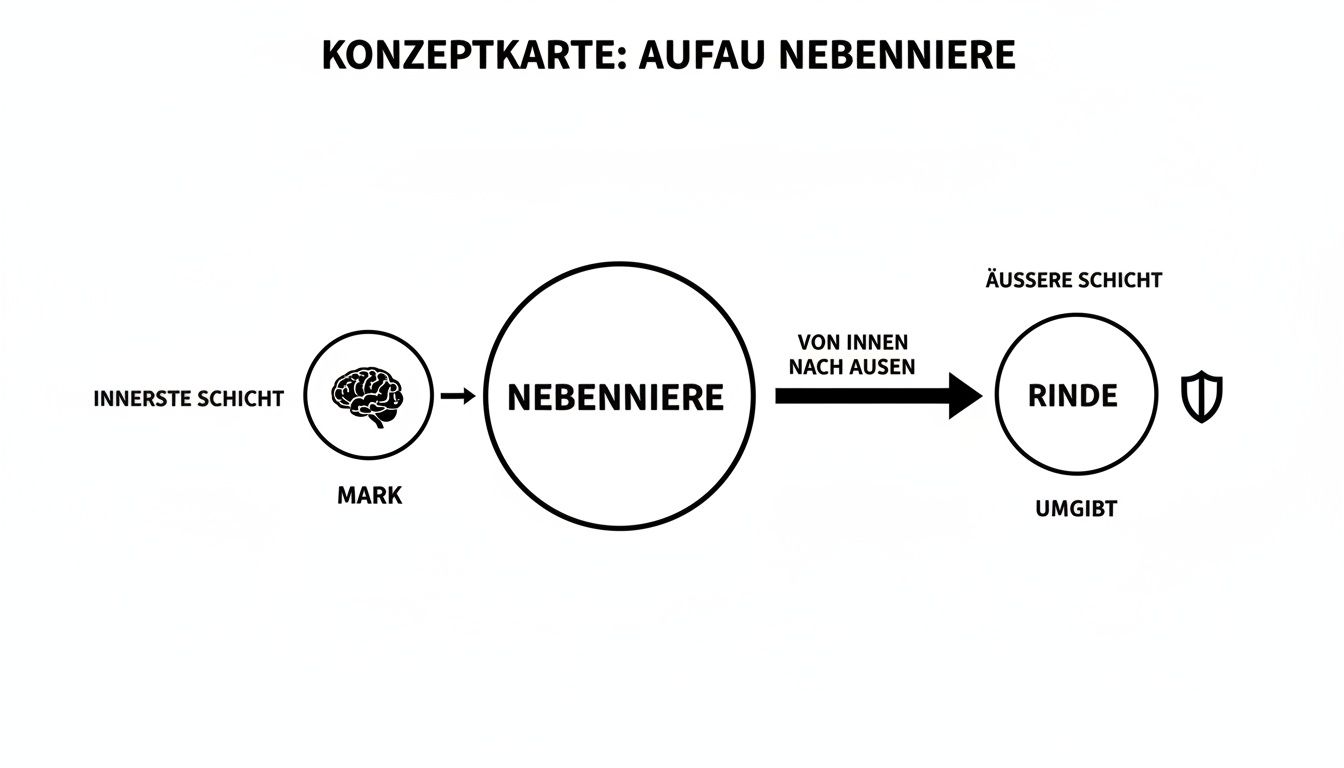 Konzeptkarte über den Aufbau der Nebenniere, von innen nach außen mit Mark und Rinde.