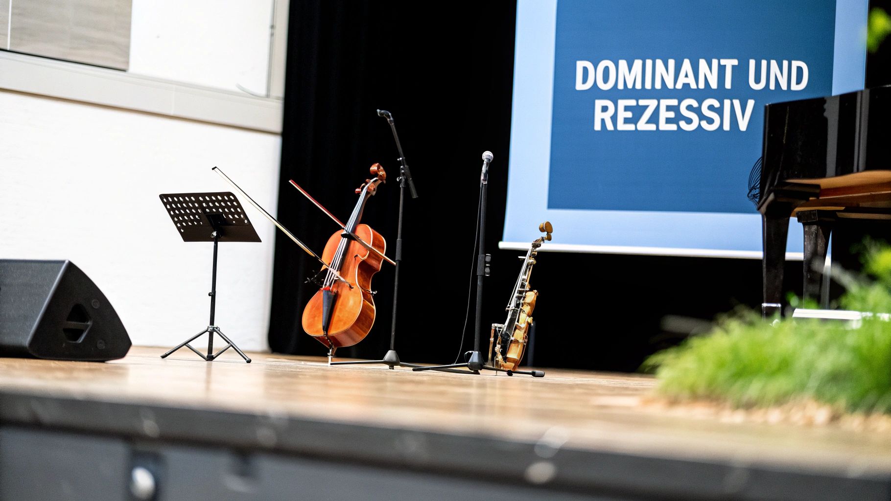 Bühne mit Musikinstrumenten wie Cello, Saxophon und Klavier, Notenständer und Mikrofonen vor einem Bildschirm.