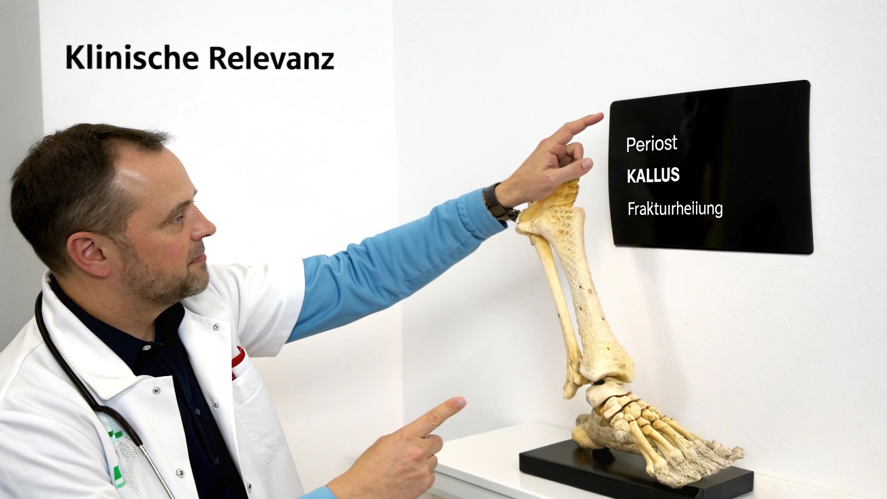 Ein Arzt erklärt mit einem Bein-Skelettmodell und einer Tafel die klinische Relevanz von Periost, Kallus und Frakturheilung.
