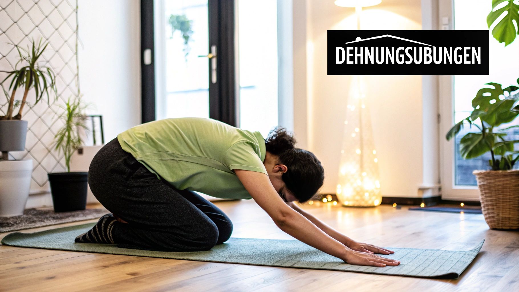Eine Person macht Dehnungsübungen und Yoga auf einer Matte.