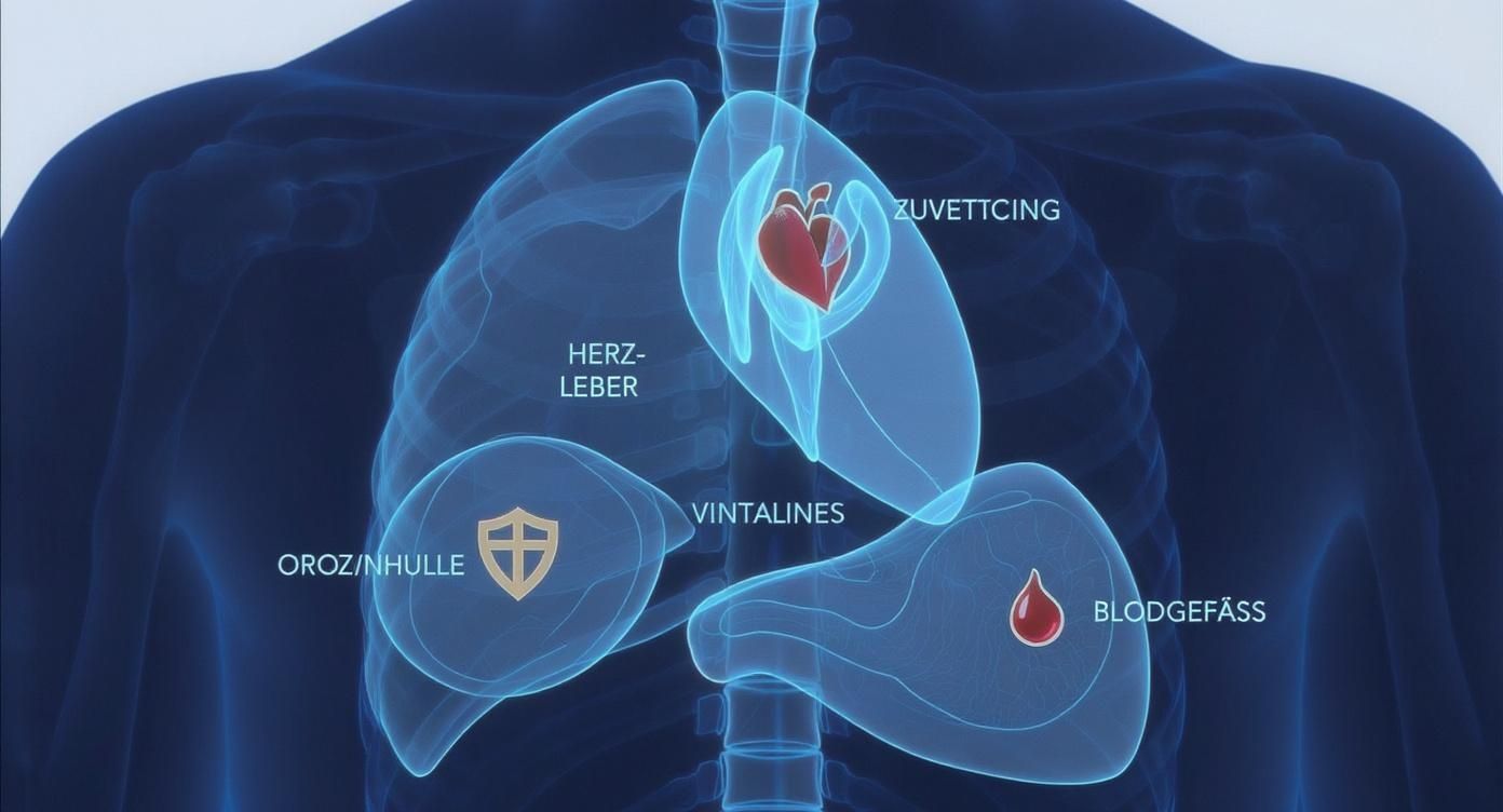Eine schematische Darstellung des menschlichen Oberkörpers mit transparenten Organen wie Herz und Lunge, beschriftet auf Deutsch.