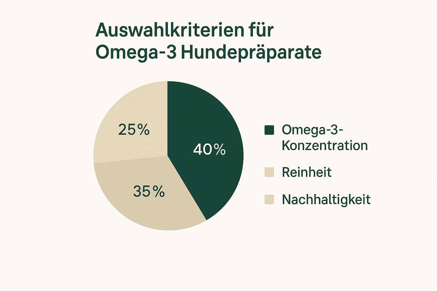 Infografik zeigt die Auswahlkriterien für Omega-3 Hundepräparate: Omega-3-Konzentration 40%, Reinheit 35% und Nachhaltigkeit 25%