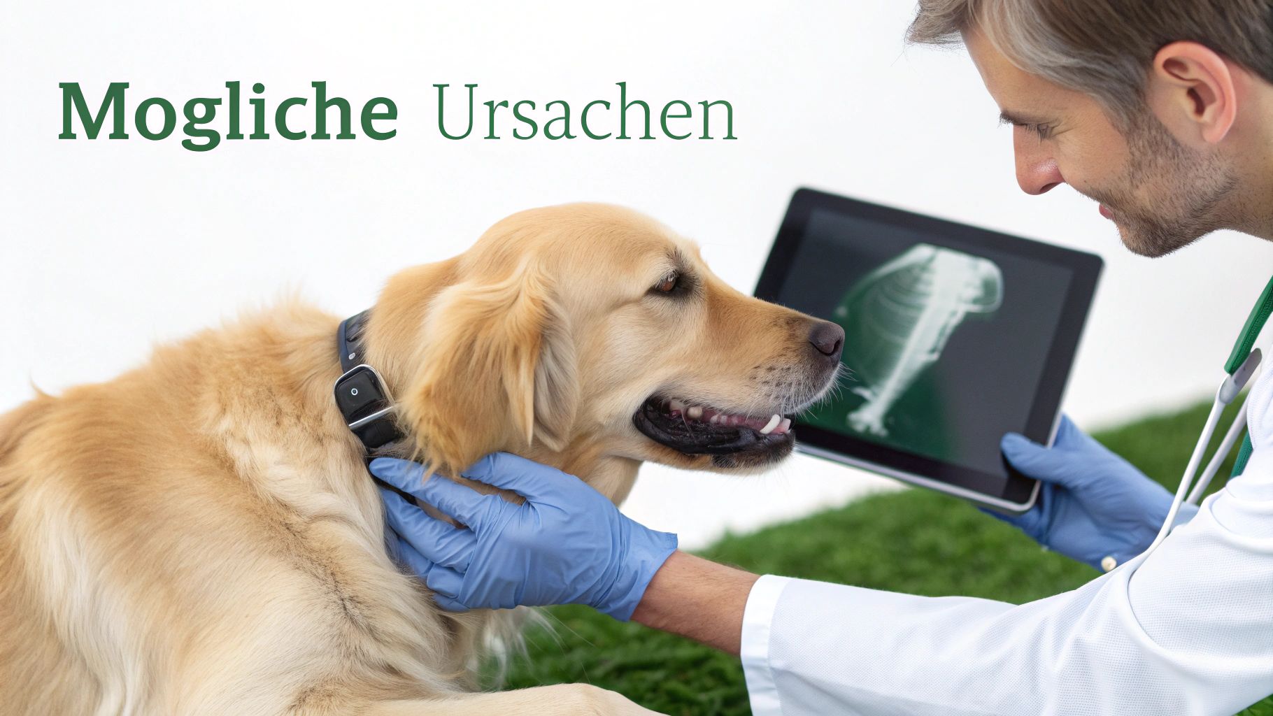 Ein Tierarzt in blauen Handschuhen untersucht einen Golden Retriever und betrachtet dabei ein Röntgenbild auf einem Tablet. Überschrift: Mögliche Ursachen.