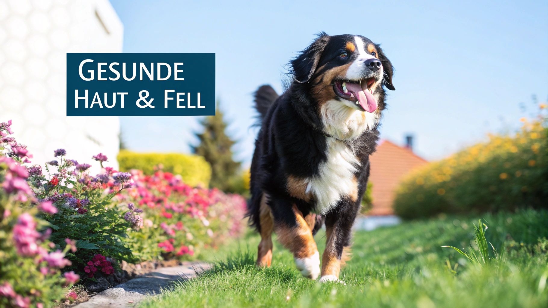 Ein glücklicher Hund rennt durch ein Rapsfeld, was die Natürlichkeit und Qualität von Omega-3-Ölen symbolisiert.
