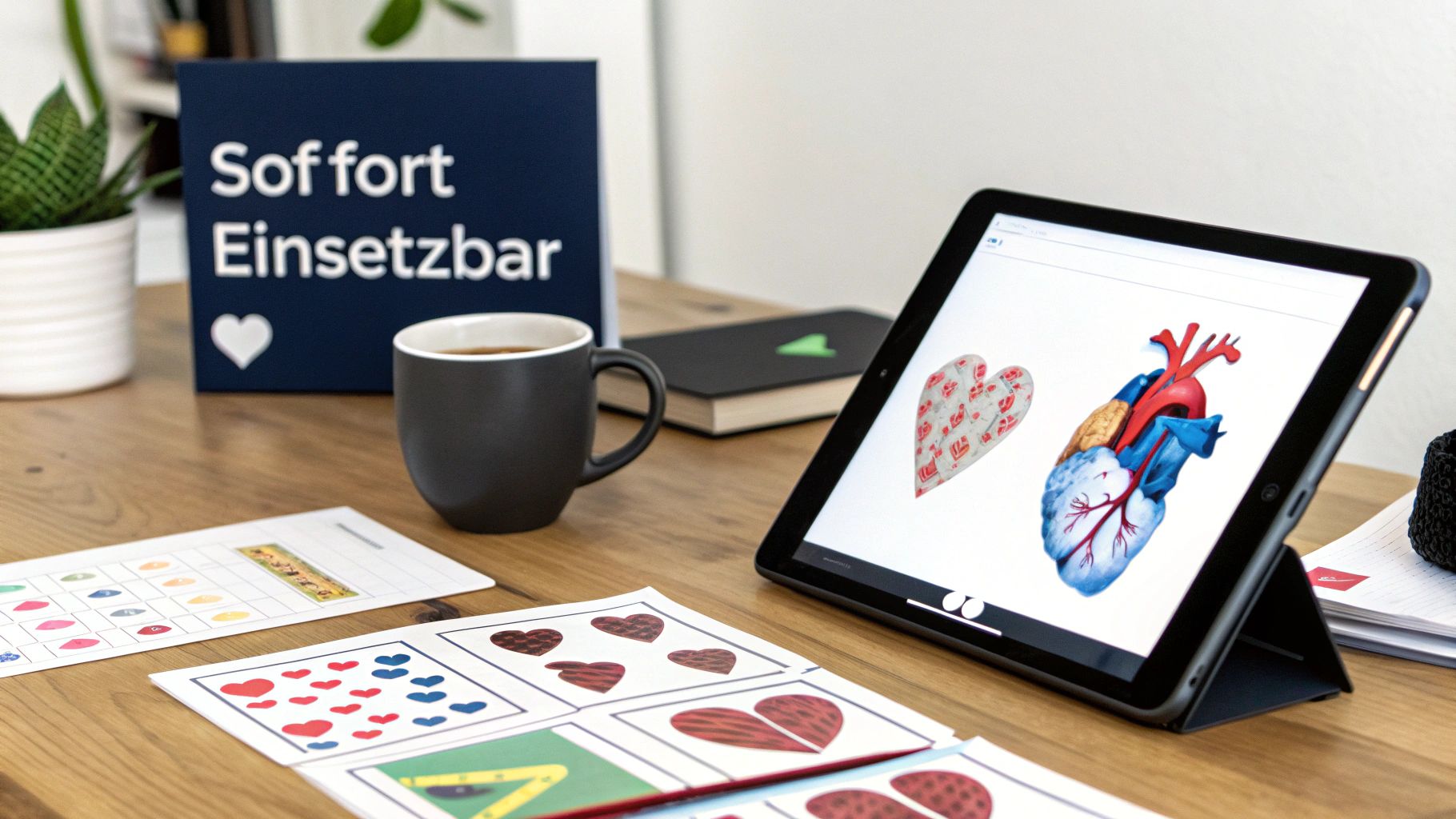 Tablet zeigt anatomisches Herz neben Arbeitsblättern für Herzaufbau-Unterricht mit Kaffeetasse auf Schreibtisch