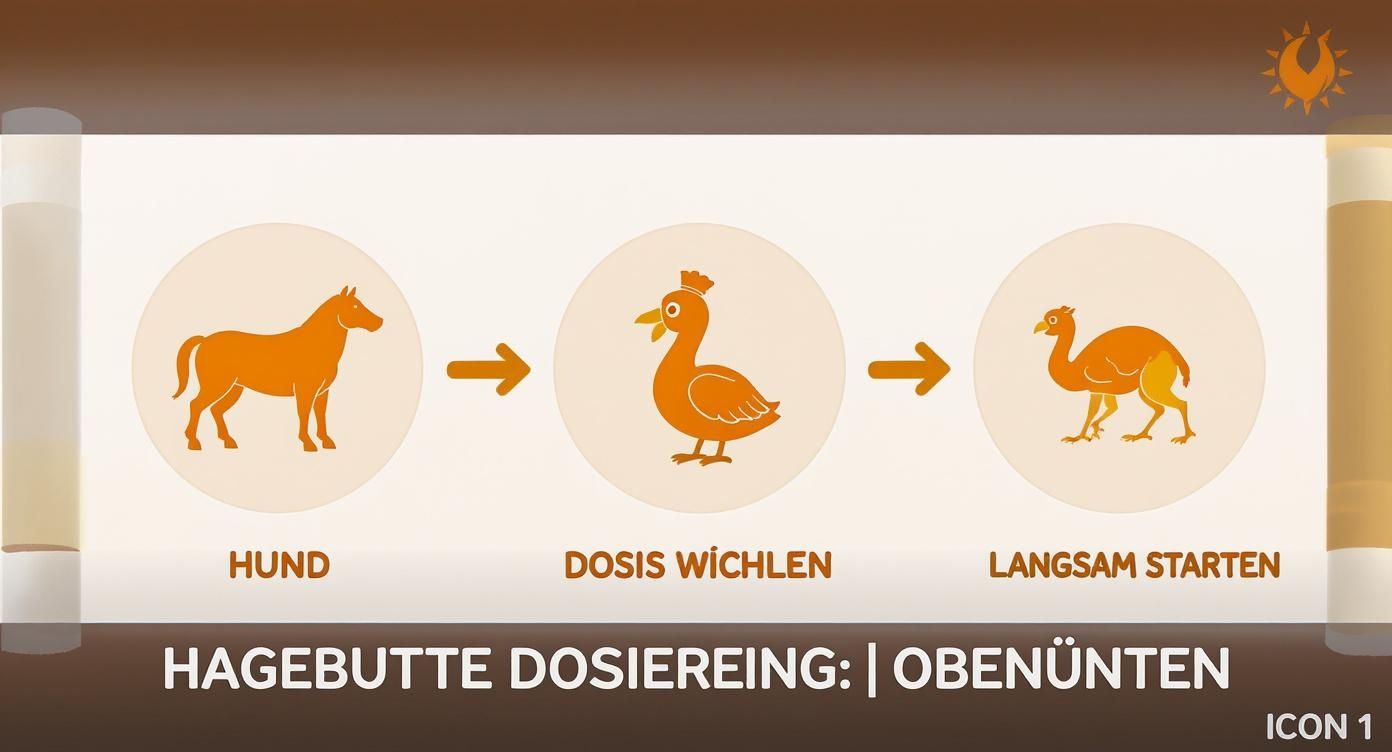 Grafik zur Hagebutten-Dosierung für Hunde mit Symbolen für Hund, Dosiswahl und langsamen Start.