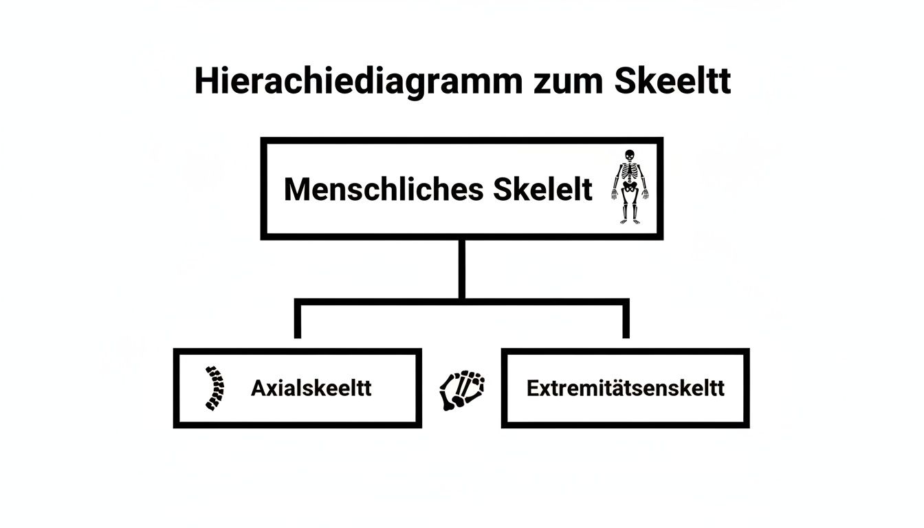 Hierarchiediagramm des menschlichen Skeletts, unterteilt in Axialskelett und Extremitätenskelett mit Symbolen.