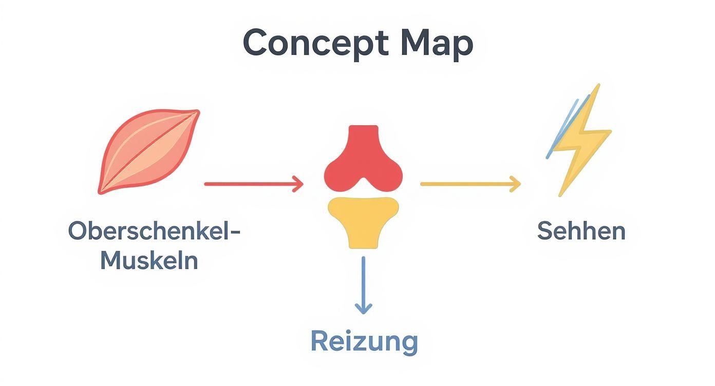 Konzeptkarte visualisiert die Verbindung von Oberschenkelmuskeln, Kniegelenk, Sehnen und möglichen Reizungen.