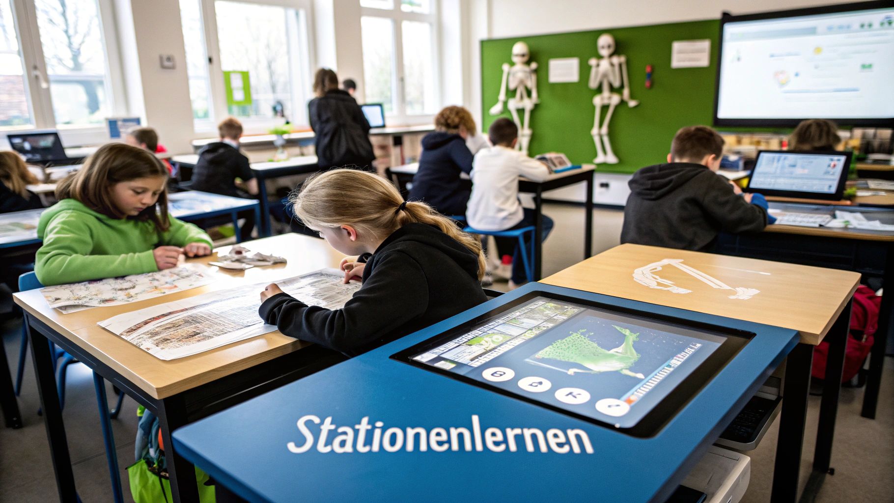 Lernbiene Skelett Lernwerkstatt mit verschiedenen Lernstationen und Materialien, die von Kindern genutzt werden.