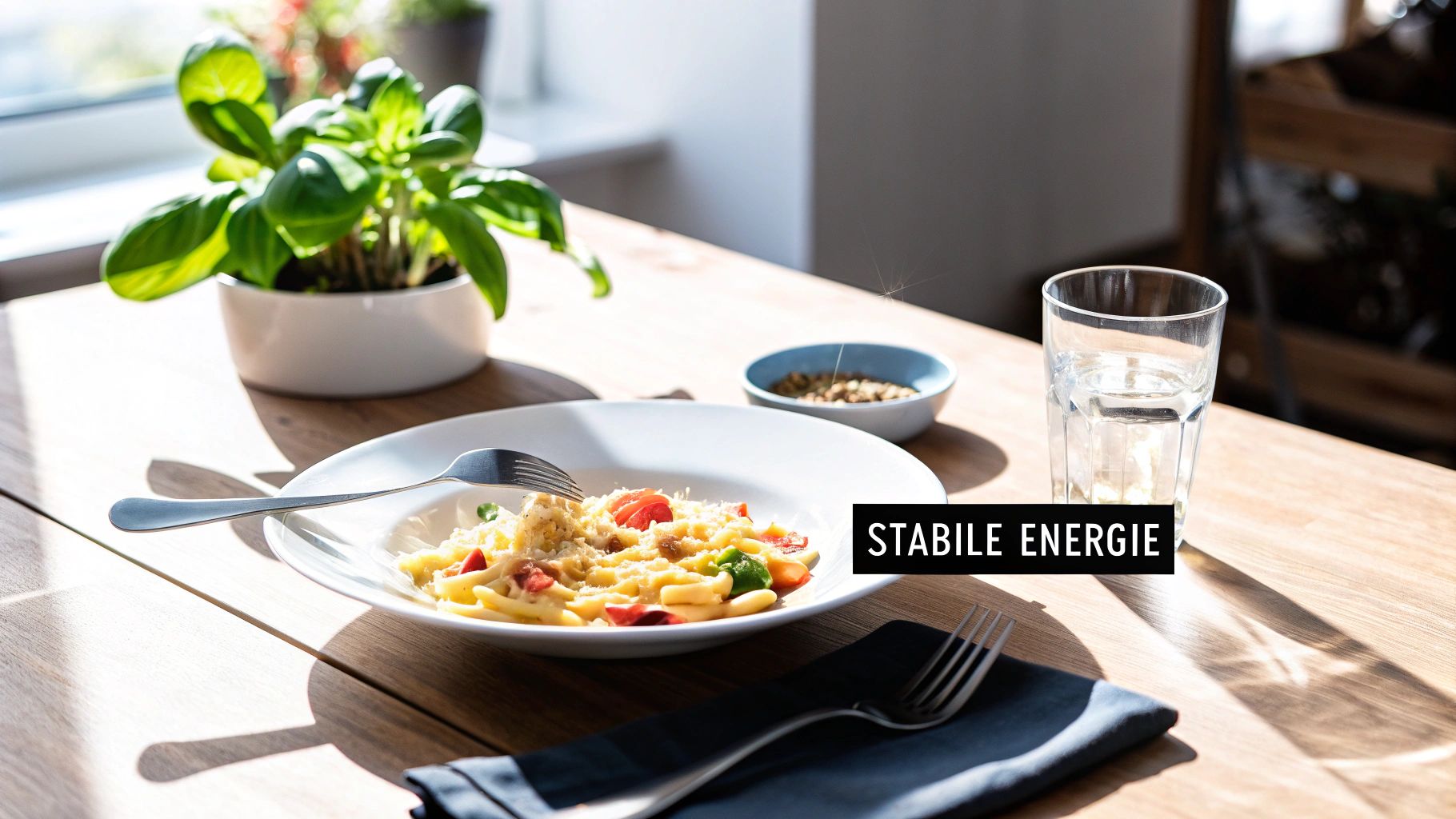 Teller mit Pasta, Tomaten und Käse, ein Glas Wasser und eine Basilikumpflanze auf einem Holztisch.