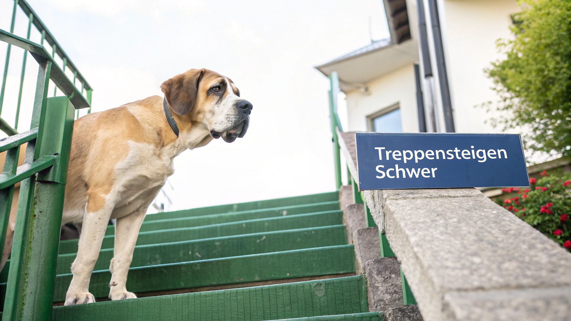 Ein älterer Hund schaut zögerlich eine Treppe hinauf, was Schwierigkeiten beim Treppensteigen aufgrund von Gelenkproblemen darstellt.